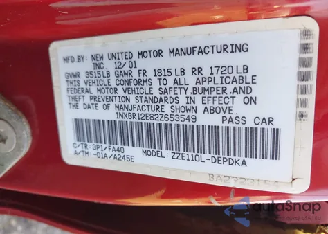 2002 Toyota Corolla Le из США, поврежденный, VIN 1NXBR12E82Z653549